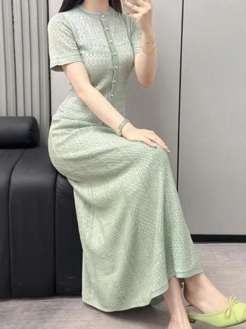 S Home 25 proljetna ženska pletene haljine, elegantan francuski stil, uski kroj, duga haljina, okrugli ovratnik, kratki rukavi, jednofarbna