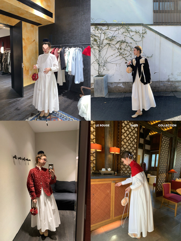Le Rouge Zhou Meimei Lagana haljina s kineskim stilom i orijentalnom estetikom, čipkasti ovratnik, plisirani patchwork, dugi rukavi
