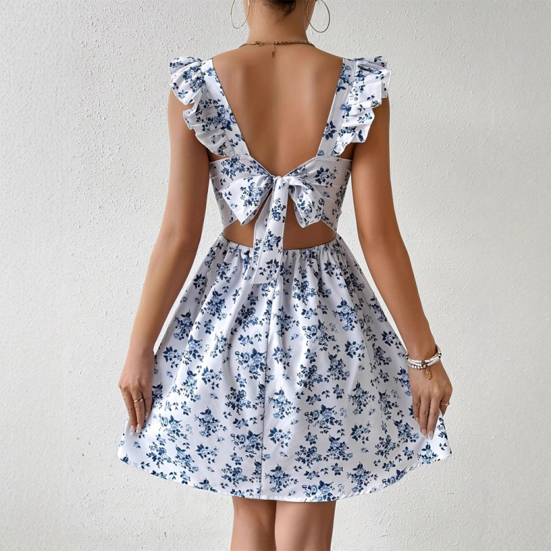 Elegantna ženska haljina s floralnim uzorkom, kvadratni izrez, kratki rukavi s volanima lišća lotosa, visok struk, A-linijski kroj, poliester.