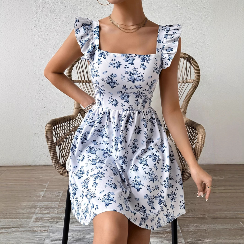 Elegantna ženska haljina s floralnim uzorkom, kvadratni izrez, kratki rukavi s volanima lišća lotosa, visok struk, A-linijski kroj, poliester.