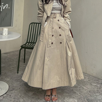 Korejski chic proljetna duga suknja s pojasom, visokim strukom, A-linija, dvostruko kopčanje, retro Hong Kong stil