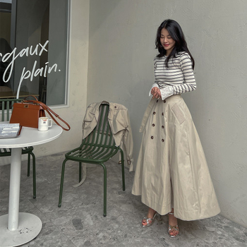 Korejski chic proljetna duga suknja s pojasom, visokim strukom, A-linija, dvostruko kopčanje, retro Hong Kong stil