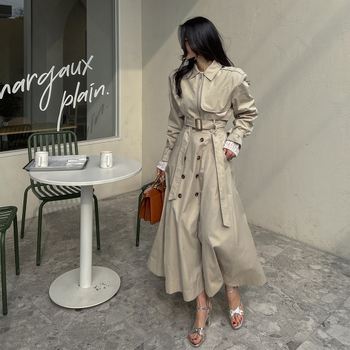 Korejski chic proljetna duga suknja s pojasom, visokim strukom, A-linija, dvostruko kopčanje, retro Hong Kong stil