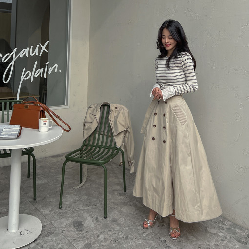 Korejski chic proljetna duga suknja s pojasom, visokim strukom, A-linija, dvostruko kopčanje, retro Hong Kong stil