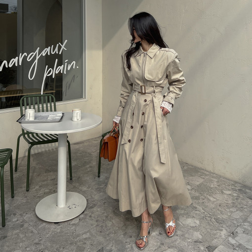 Korejski chic proljetna duga suknja s pojasom, visokim strukom, A-linija, dvostruko kopčanje, retro Hong Kong stil