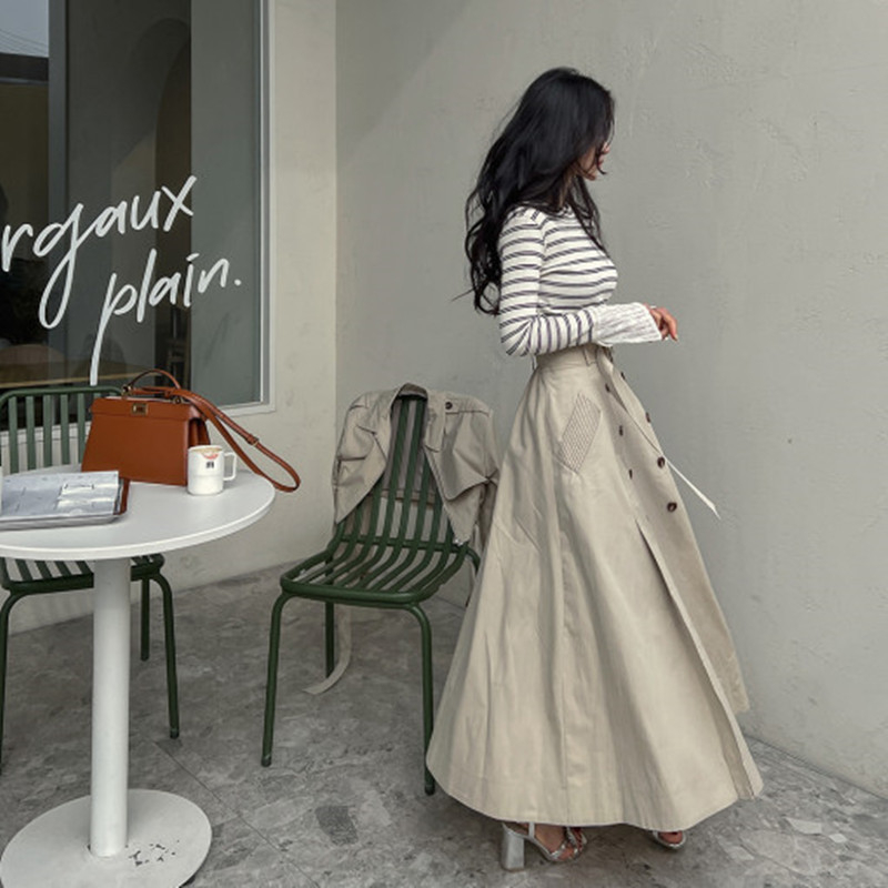 Korejski chic proljetna duga suknja s pojasom, visokim strukom, A-linija, dvostruko kopčanje, retro Hong Kong stil