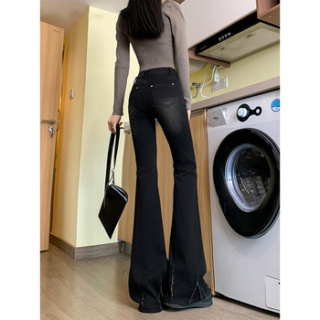 Blugi femei cu talie înaltă, negri, evazați, din denim, lungi, elastici, pentru toamnă-iarnă
