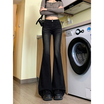 Blugi femei cu talie înaltă, negri, evazați, din denim, lungi, elastici, pentru toamnă-iarnă