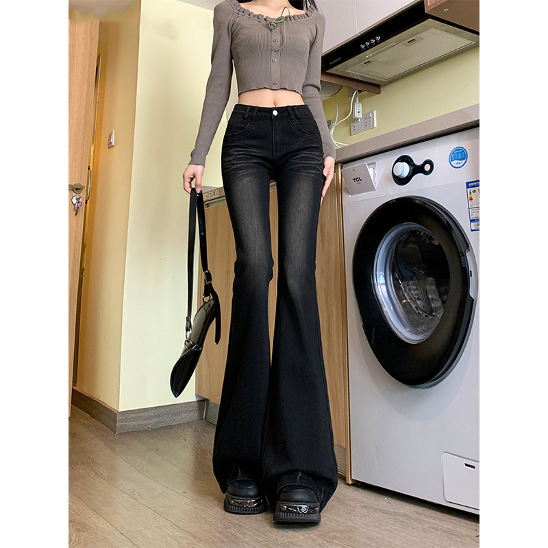 Blugi femei cu talie înaltă, negri, evazați, din denim, lungi, elastici, pentru toamnă-iarnă