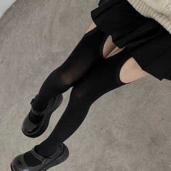 Crne velur pantyhose s 3D čipkom, seksi dizajn s bočnim izrezima i lažnim naramenicama