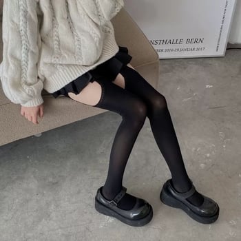 Crne velur pantyhose s 3D čipkom, seksi dizajn s bočnim izrezima i lažnim naramenicama