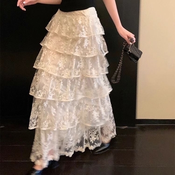 Elegantna duga čipkasta suknja za žene, nova proljetna kolekcija, visokim strukom, voluminozna silueta torta, književno retro stil