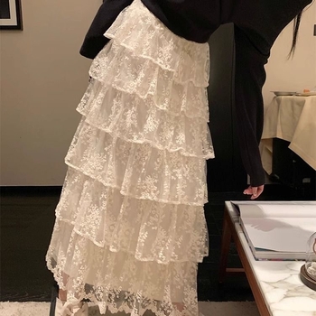 Elegantna duga čipkasta suknja za žene, nova proljetna kolekcija, visokim strukom, voluminozna silueta torta, književno retro stil