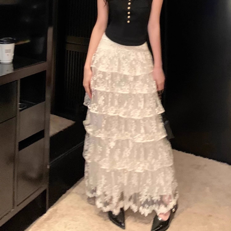 Elegantna duga čipkasta suknja za žene, nova proljetna kolekcija, visokim strukom, voluminozna silueta torta, književno retro stil