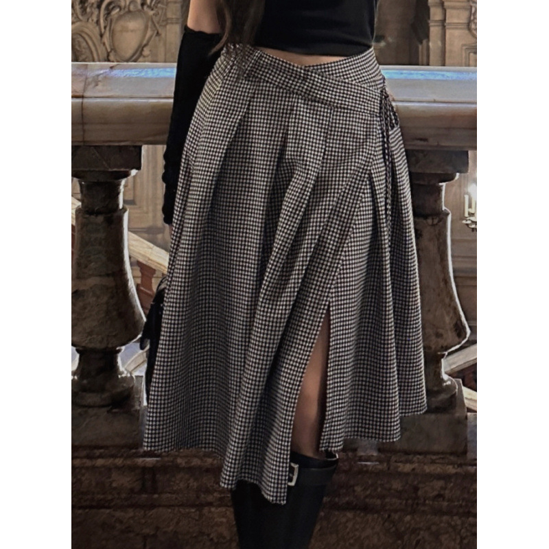 Korejski chic, nišn dizajn, francuska retro, midi suknja s jednim remenom, asimetrični uzorak houndstooth za žene