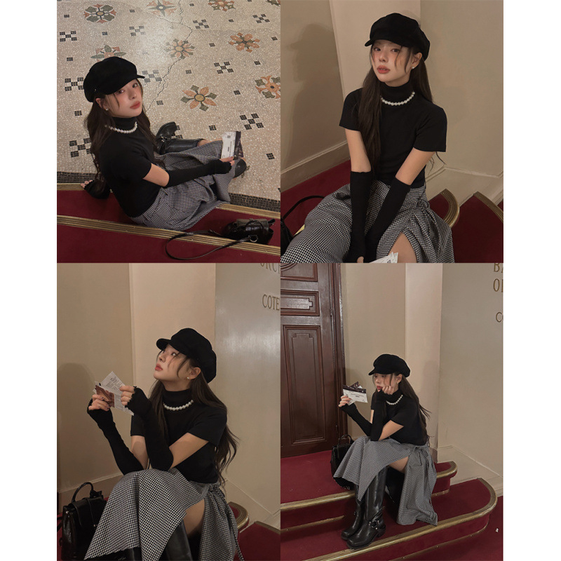 Korejski chic, nišn dizajn, francuska retro, midi suknja s jednim remenom, asimetrični uzorak houndstooth za žene