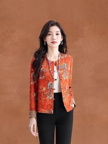 Nanyou: Novi kineski stil, nacionalna moda za zrelije žene — top s printom u satenskom jacquardu i bogato izvezenoj jakni