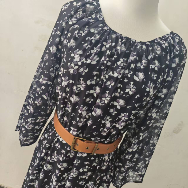 Šifon haljina s floralnim otiskom u francuskom retro stilu, vitka silueta, visokim strukom, okrugli izrez, 3/4 rukava, midi duljina