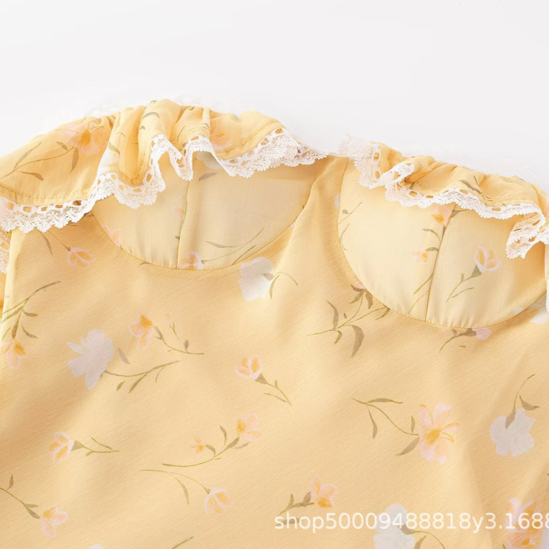 Francuski stil inspirirana romantična žuta cvjetna haljina za žene, ljetni stil, naglašen struk, čipka, duga haljina