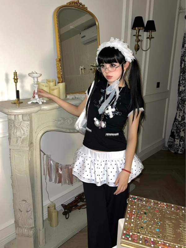 Lolita inspirirana suknja s točkicama, dvostruko slojevita, puff stil za žene