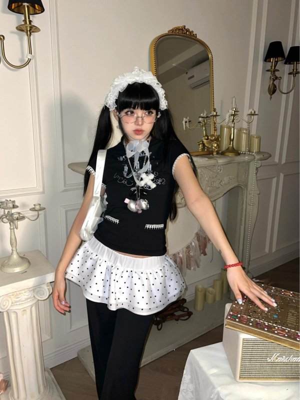 Lolita inspirirana suknja s točkicama, dvostruko slojevita, puff stil za žene