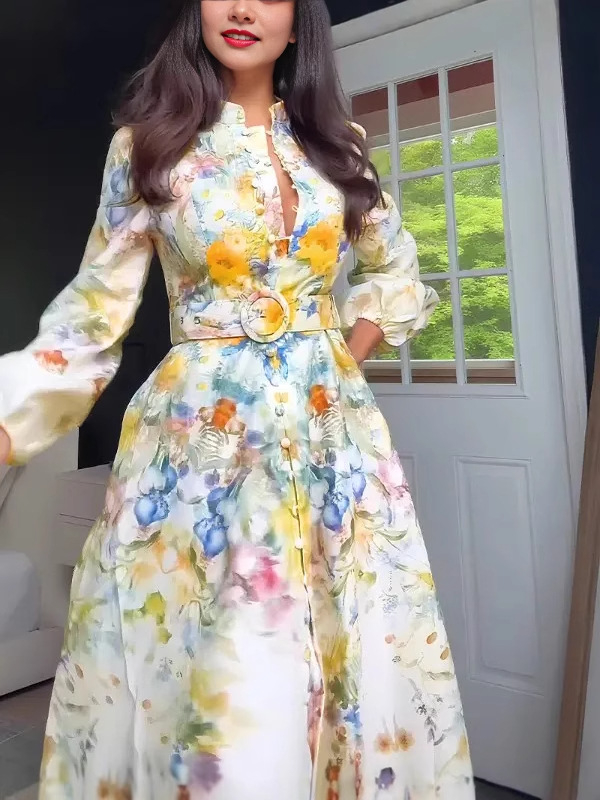 Ženska jesenja haljina s cvjetnim uzorkom, rukavi fenjer, naglašeni struk za vitak oblik, vintage stil uljne slike, duga elegantna haljina