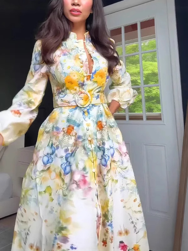 Ženska jesenja haljina s cvjetnim uzorkom, rukavi fenjer, naglašeni struk za vitak oblik, vintage stil uljne slike, duga elegantna haljina