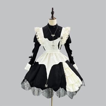 Tamna haljina sobarice s puff rukavima za Halloween cosplay, japanski Gothic Lolita stil
