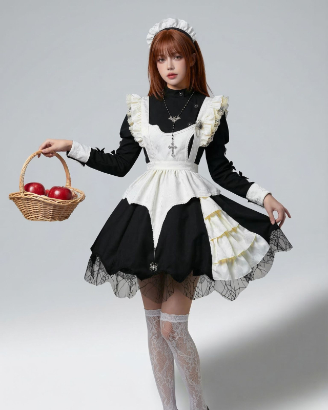 Tamna haljina sobarice s puff rukavima za Halloween cosplay, japanski Gothic Lolita stil