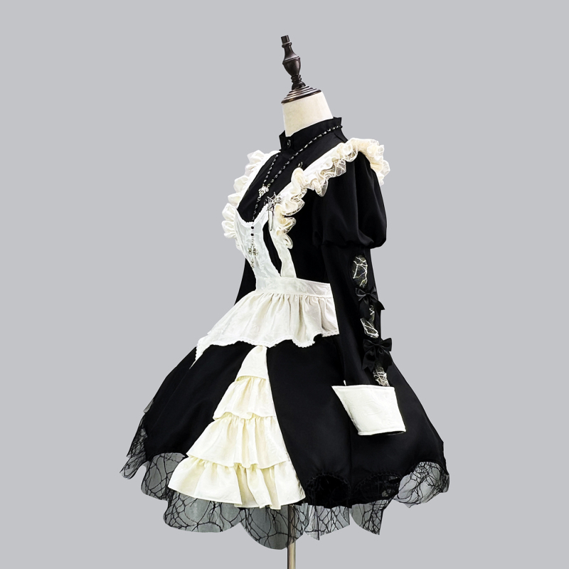 Tamna haljina sobarice s puff rukavima za Halloween cosplay, japanski Gothic Lolita stil