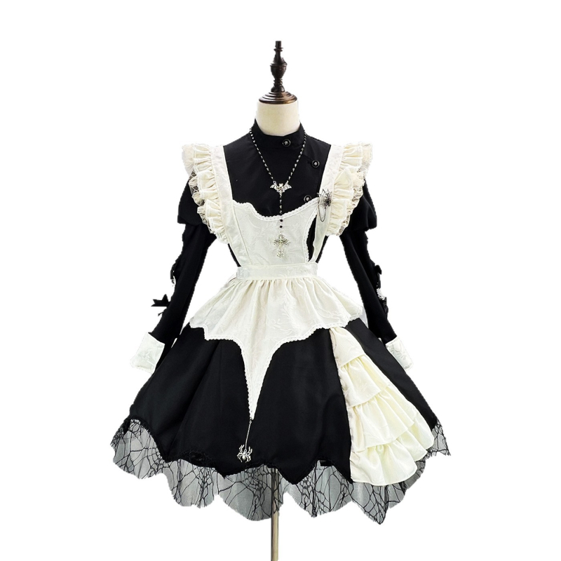 Tamna haljina sobarice s puff rukavima za Halloween cosplay, japanski Gothic Lolita stil