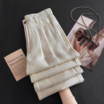Ženske hlače od Tencel-lino, khaki, širokih nogavica, do poda, visokim strukom, ljeto 2025.