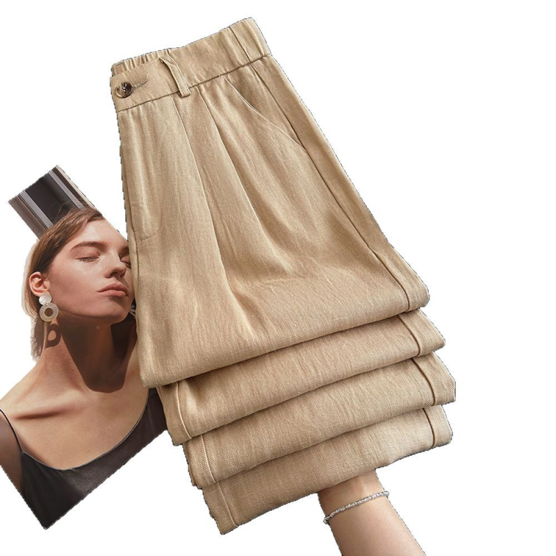 Ženske hlače od Tencel-lino, khaki, širokih nogavica, do poda, visokim strukom, ljeto 2025.