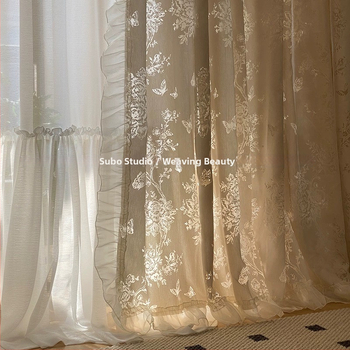 Francúzsky štýl béžový sieťový záves s motívom motýľa, vintage filtráciu svetla, polyester