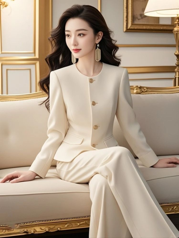 Jesenji bijeli kostim s hlačama, Chanel inspiriran stil, elegantan i visokog razreda