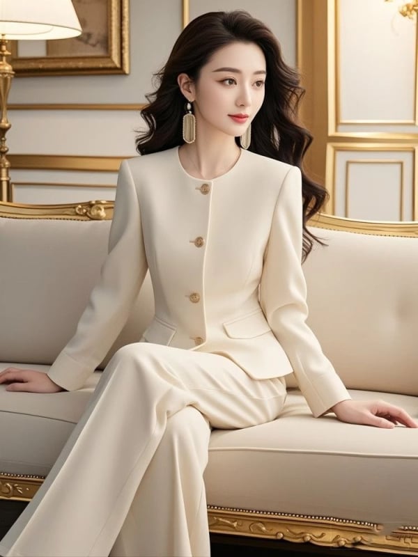 Jesenji bijeli kostim s hlačama, Chanel inspiriran stil, elegantan i visokog razreda