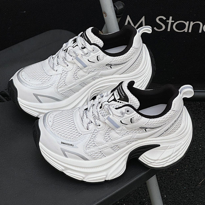 Ženske cipele od prave kože s debelom potplatom, stil dad shoes, okrugli vrh, peta 6–8 cm, udobne svakodnevne sportske tenisice – jesen 2025