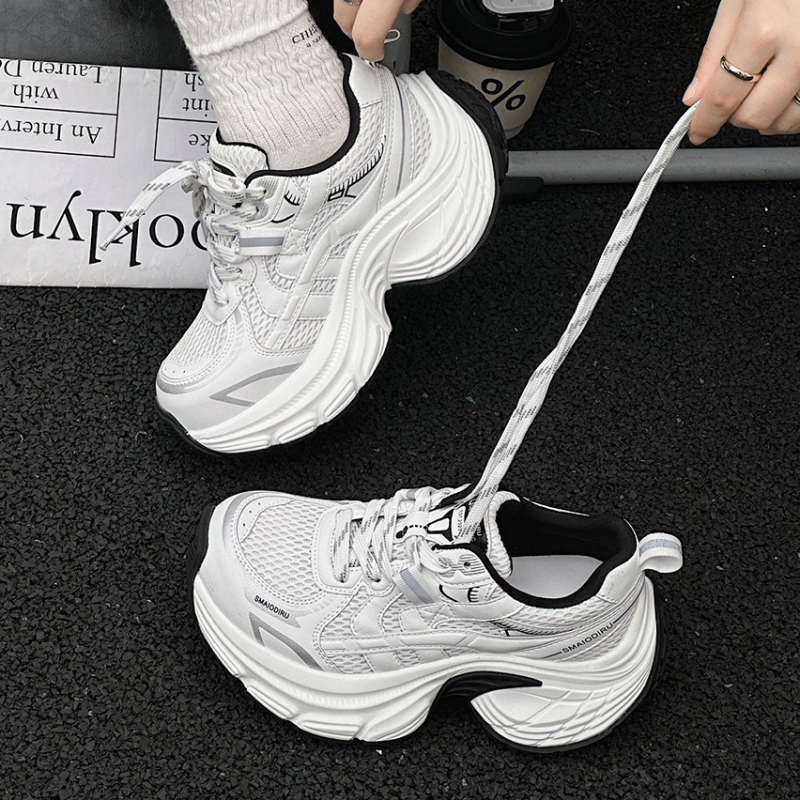 Ženske cipele od prave kože s debelom potplatom, stil dad shoes, okrugli vrh, peta 6–8 cm, udobne svakodnevne sportske tenisice – jesen 2025