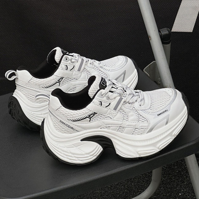 Ženske cipele od prave kože s debelom potplatom, stil dad shoes, okrugli vrh, peta 6–8 cm, udobne svakodnevne sportske tenisice – jesen 2025