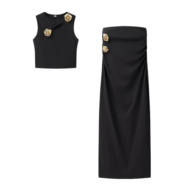 Ženski set: pleteni top bez rukava i duga suknja s visokim strukom, seksi i šarmantan gradski stil