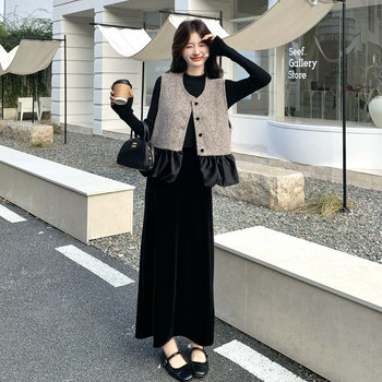 Novi kineski stil retro jesen-zima: elegantan trodijelni komplet — veste, pleteni gornji dio i midi suknja