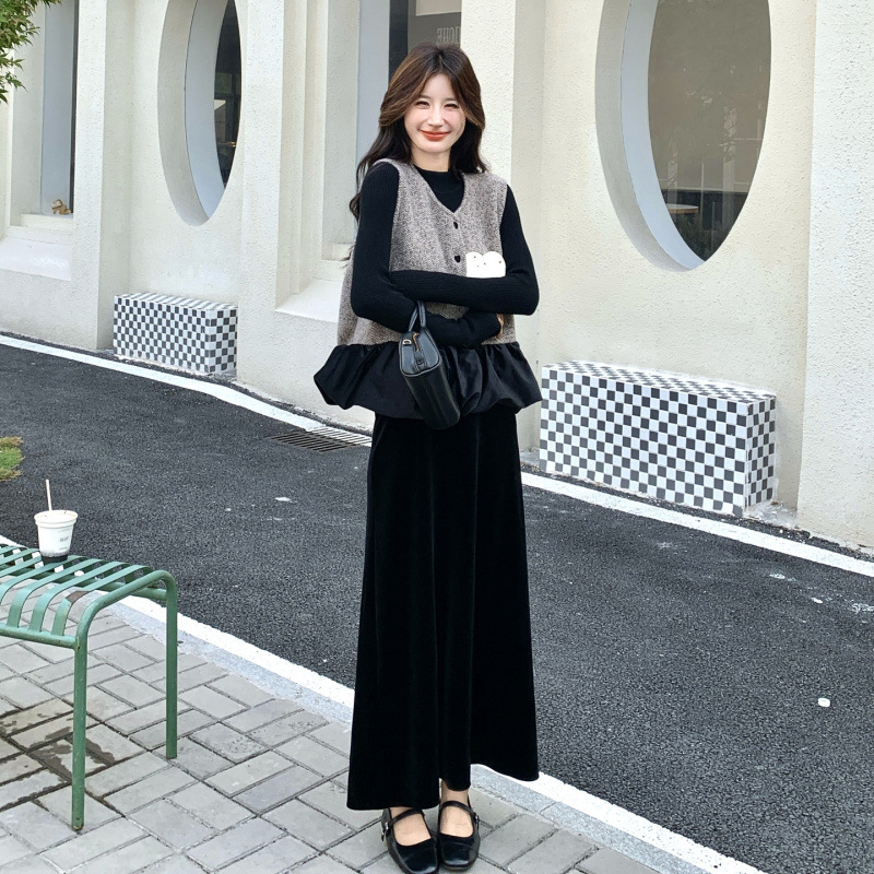 Novi kineski stil retro jesen-zima: elegantan trodijelni komplet — veste, pleteni gornji dio i midi suknja