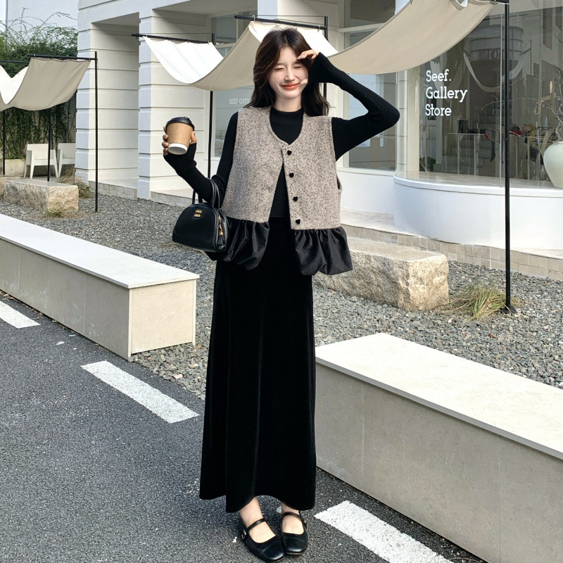 Novi kineski stil retro jesen-zima: elegantan trodijelni komplet — veste, pleteni gornji dio i midi suknja