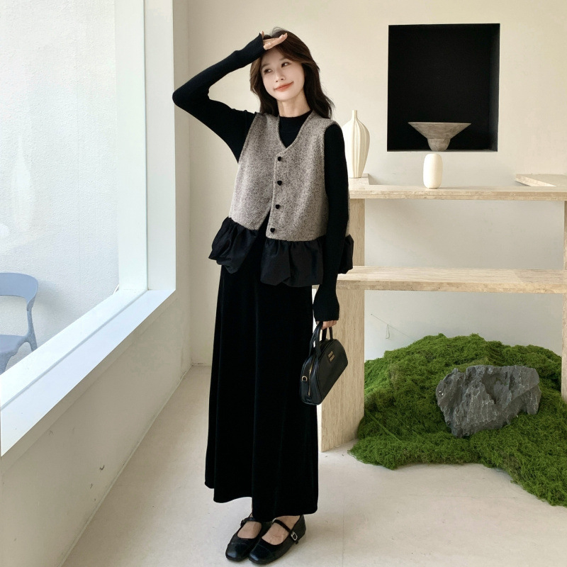 Novi kineski stil retro jesen-zima: elegantan trodijelni komplet — veste, pleteni gornji dio i midi suknja