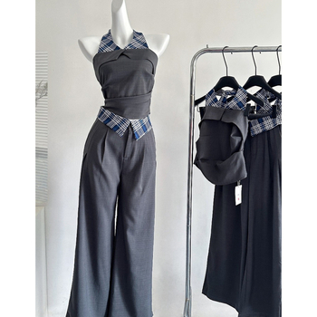 Ženski bezrukavni halter top s kariranim patchworkom, ležernog kroja, kostim s širokim hlačama