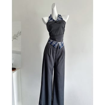 Ženski bezrukavni halter top s kariranim patchworkom, ležernog kroja, kostim s širokim hlačama