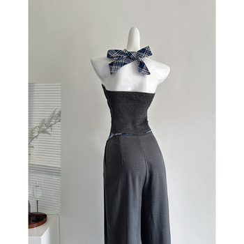 Ženski bezrukavni halter top s kariranim patchworkom, ležernog kroja, kostim s širokim hlačama