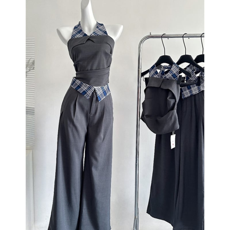 Ženski bezrukavni halter top s kariranim patchworkom, ležernog kroja, kostim s širokim hlačama