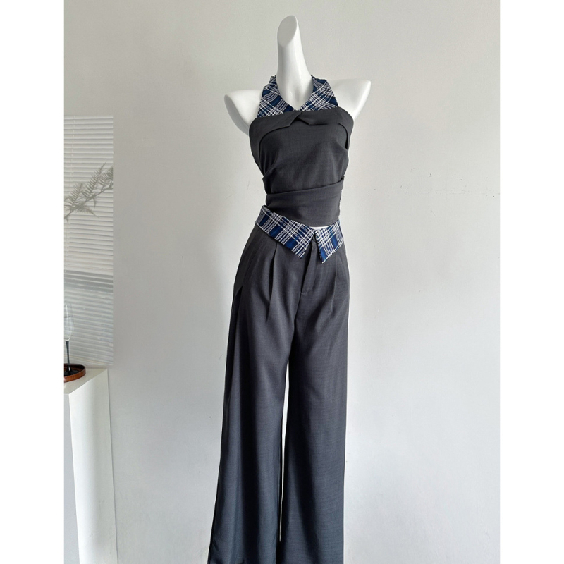 Ženski bezrukavni halter top s kariranim patchworkom, ležernog kroja, kostim s širokim hlačama