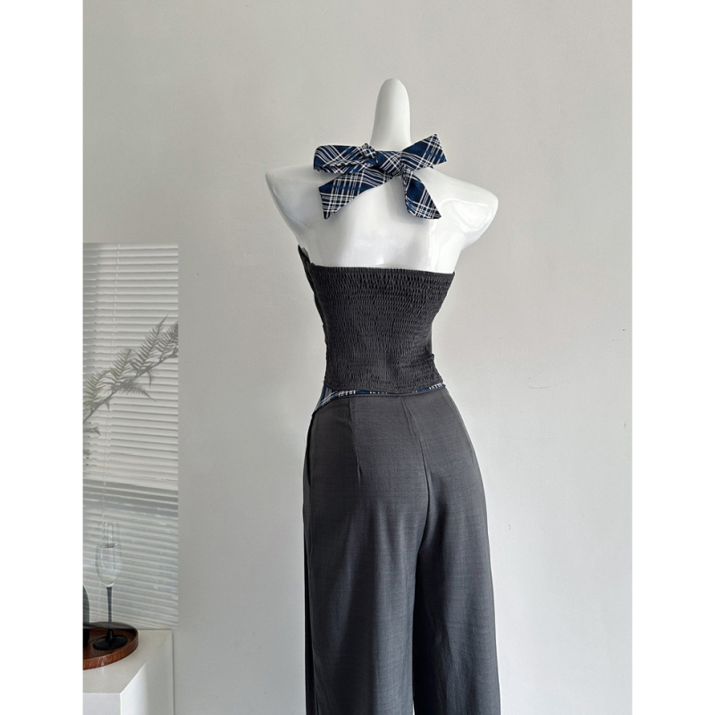 Ženski bezrukavni halter top s kariranim patchworkom, ležernog kroja, kostim s širokim hlačama